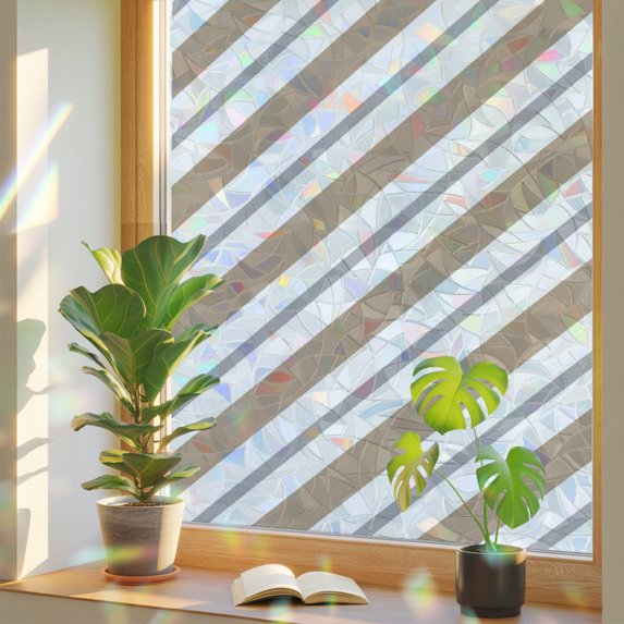 Beige Grey Striped Window Privacy Film Rainbow Static Cling Stain Glass ...