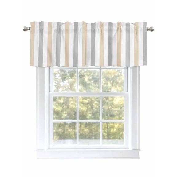Beige Grey Stripes Valances for Windows, Rod Pocket Kitchen Valance Curtains - Soft & Washable Small Window Treatment for Living Room, Bathroom, Geometric , 42x12 Inch, 1 Panel