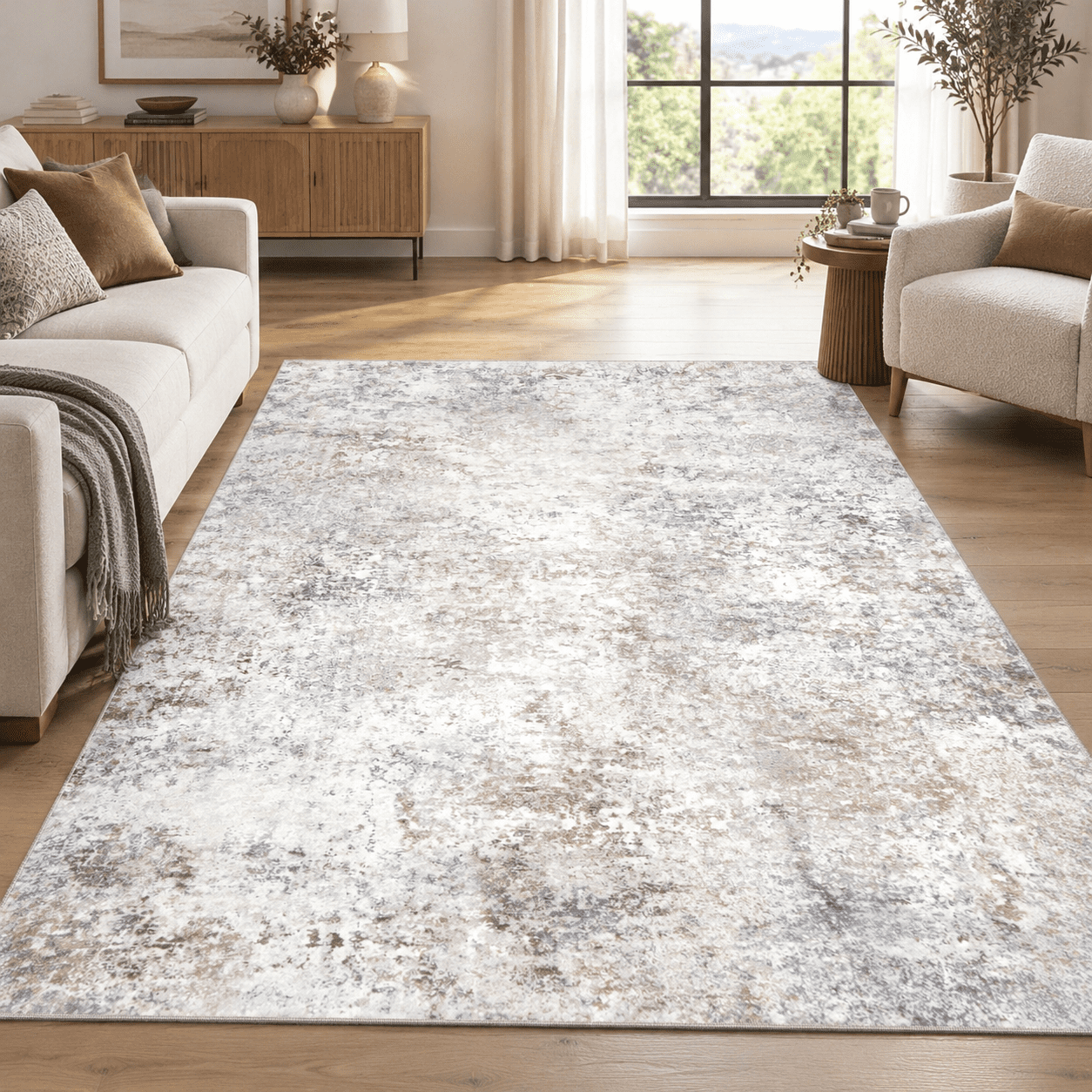 Beige Grey Washable Rugs 9x12 Area For Living Room Bedroom Dining ...