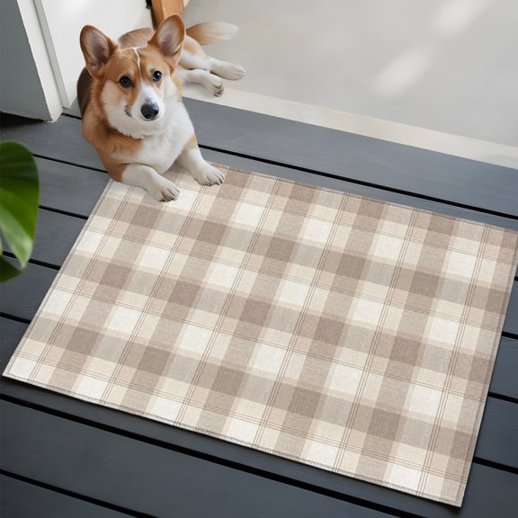 Beige Grid Front Door Rugs 2x3ft Farmhouse Cream Buffalo Plaid Gingham Vintage Washable Rug, Non Slip Indoor Carpet Absorbent Floor Mat for Living Room Bedroom Dining Room