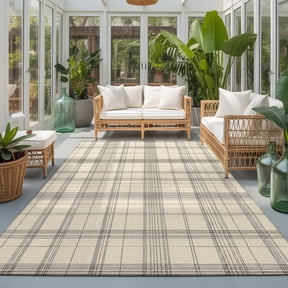 Beige Grid Gingham 9'x12' Large Area Rugs Abstract Modern Minimalist Gray Stripe Checked Washable Area Rugs Non-Slip Indoor Floor Mats Large Carpet for Living Room Bedroom Dining Room