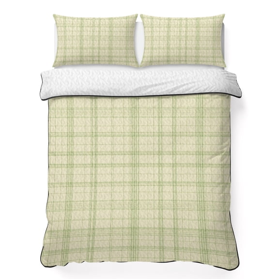 Beige Grid Gingham California King Quilt Bedding Set, Abstract Modern Minimalist Green Stripe Checked Lightweight Comforter with 2 Pillow Shams Bedroom Bedspread Set Home Decor for All Seasons