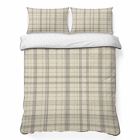 Beige Grid Gingham King Quilt Bedding Set, Abstract Modern Minimalist Gray Stripe Checked Lightweight Comforter with 2 Pillow Shams Bedroom Bedspread Set Home Decor for All Seasons