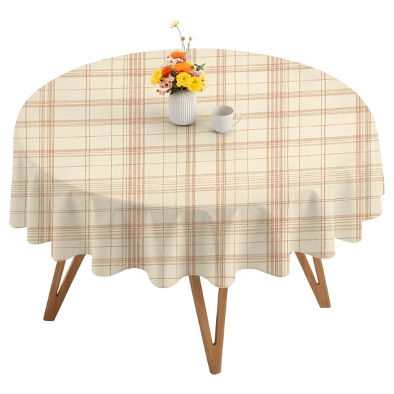 Beige Grid Gingham Round Tablecloth 54 inches Abstract Modern Minimalist Red Stripe Checked Waterproof Oil-Proof Table Cloth Round Table Cover for Holiday Party Picnic Dinner Decor Indoor Outdoor Use