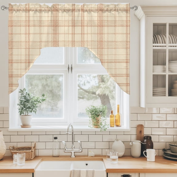 Beige Grid Gingham Swag Curtain Valance for Windows, Abstract Modern Minimalist Red Stripe Checked Swag Curtains Drapes Rod Pocket for Kitchen Bathroom Small Window, 1 Panel 56x36in
