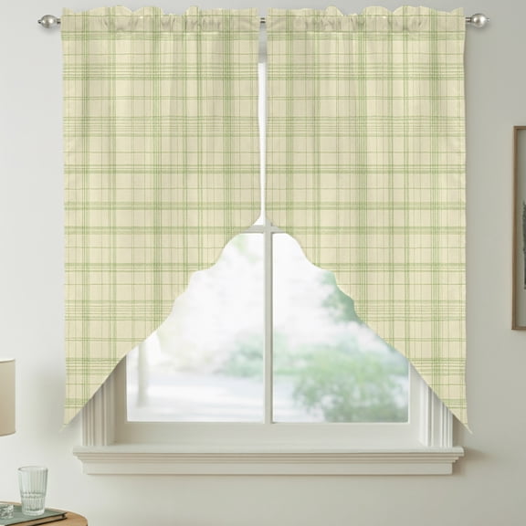 Beige Grid Gingham Swag Kitchen Curtain Valances, Abstract Modern Minimalist Green Stripe Checked Rod Pocket Curtains Window Treatment Decor Valances for Bedroom Bathroom, 2 Panels 36 x 36 Inch