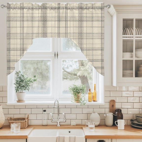 Beige Grid Gingham Swag Valance for Windows, Abstract Modern Minimalist Gray Stripe Checked Swag Curtains Valances for Small Window Treatment Rod Pocket for Kitchen Bathroom 1 Panel 56x36in
