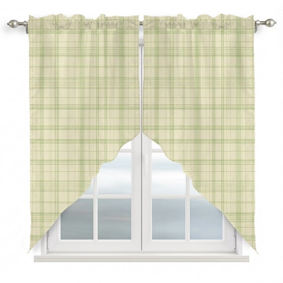 Beige Grid Gingham Swag Valances for Windows 2 Pack Abstract Modern Minimalist Green Stripe Checked Swag Kitchen Curtains 36 Inches Long Rod Pocket Short Window Treatment for Kitchen Bathroom 36"x36"