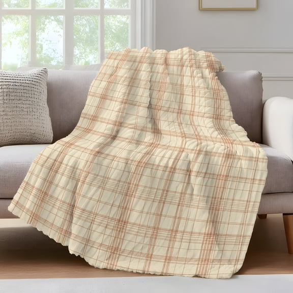 Beige Grid Gingham Throw Blanket for Couch Abstract Modern Minimalist Red Stripe Checked Soft and Warm Flannel 3D Striped Fluffy Fuzzy Fleece Blanket Lightweight Throw for Bed, Sofa 30 x 40 Inches