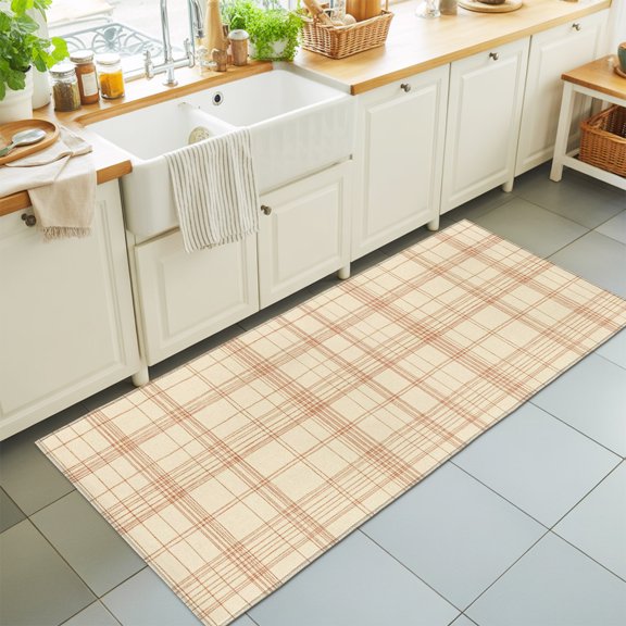 Beige Grid Gingham Washable Runner Rugs 2'x6', Abstract Modern Minimalist Red Stripe Checked Washable Runner Rug Non-Slip Sturdy Edge Binding Carpet for Bedside Hallway Runner Kitchen Galley