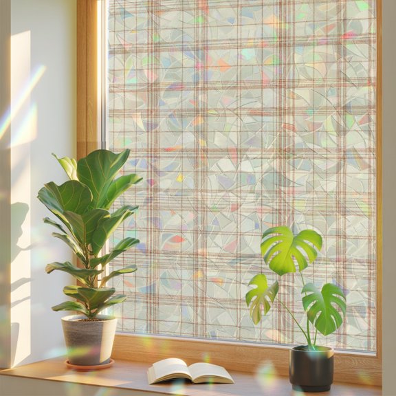 Beige Grid Gingham Window Privacy Film, Abstract Modern Minimalist Red Stripe Checked Stained Glass Rainbow Film Decorative Window Clings, Static Cling Sun Blocking Stickers 29.5" x 78.7"