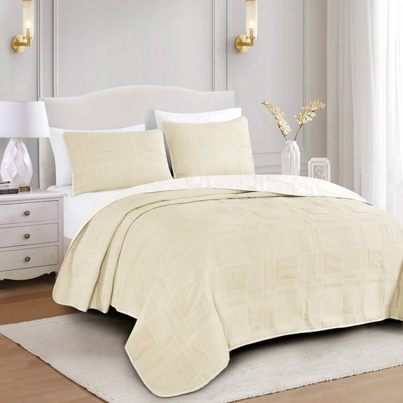 Beige Grid Texture 3-Piece Reversible Quilted Bedspread Set,Queen