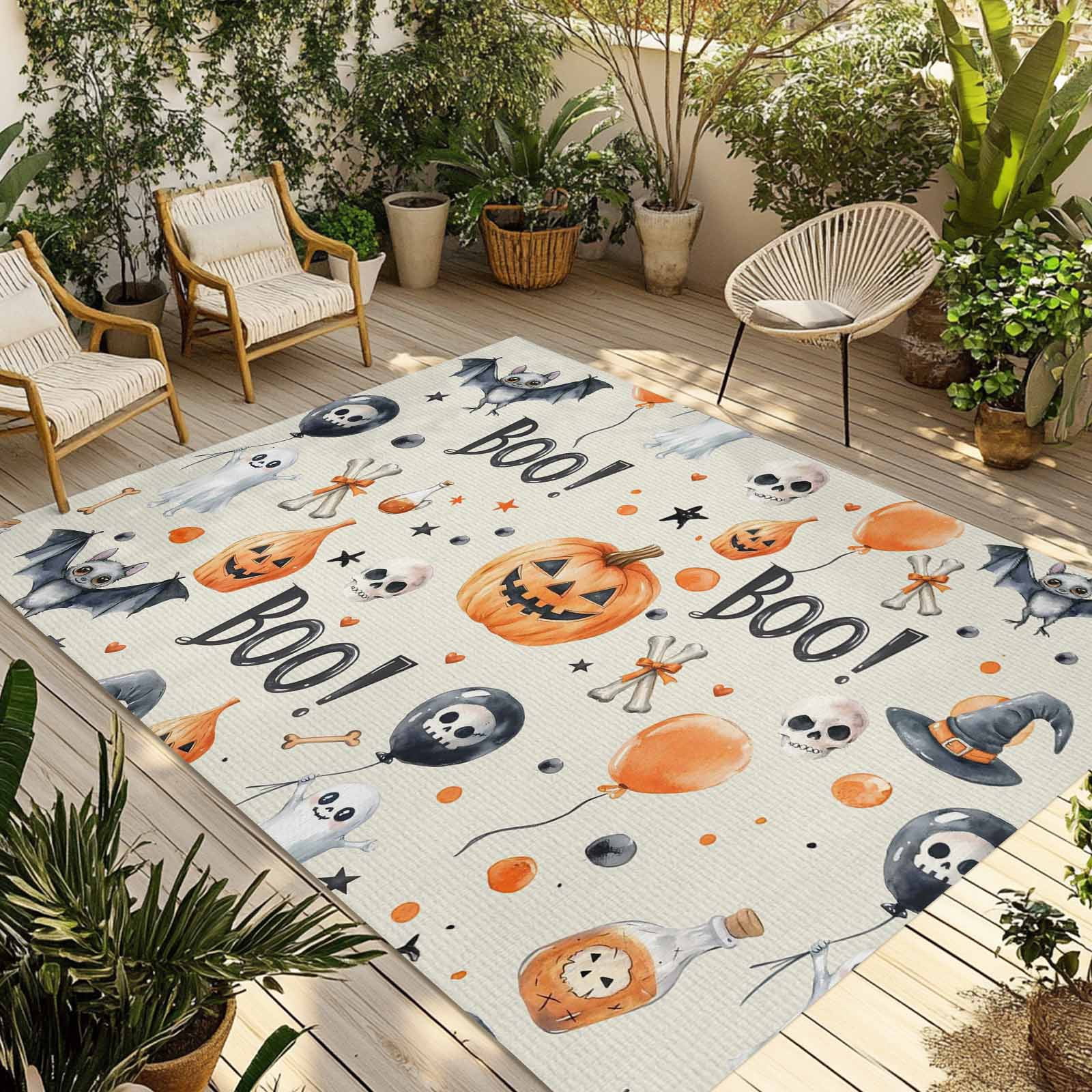 Large Spooky Rug Beige Halloween Outdoor Rug 5x7 Ft - Reversible Patio Rug Outdoor ...