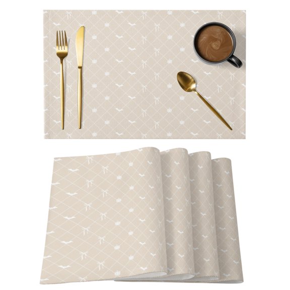 Beige Halloween Placemats Set of 1 Checkered Bat Bow Place Mats Indoor Wipeable Table Mats Washable Cloth Dining Table Placemats for Kitchen Holiday Party Home Decor 13x19 Inch