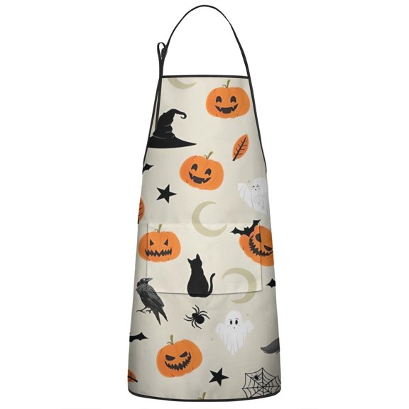 Beige Halloween Pumpkins Ghosts and Bats Apron-Garden Aprons for Women with Pockets-Cotton Linen Waterproof Kitchen Cooking Gardening Aprons Adjustable for Kitchen,Cooking,BBQ and Salon 33"x27"