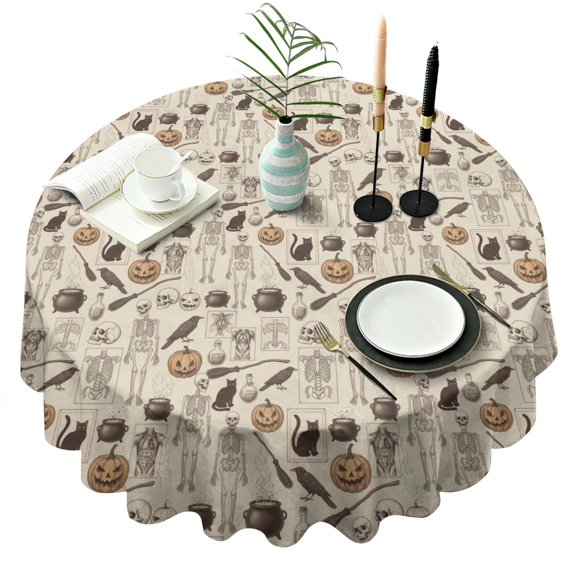 Beige Halloween Skull Pumpkin Cat Pattern Round Tablecloth 60"x60",Wrinkle Wipeable Table Cloth for Kitchen Dining Room Picnic Patio Party