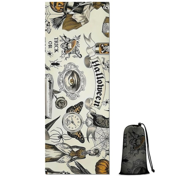 Beige Halloween Skull Pumpkin Pattern Hot Yoga Mat Towel Non Slip for Hot Yoga - Quick-Drying Yoga Mat Cover with 4 Corner Pockets with Travel Bag - Hot Yoga Towel Non Slip 74"x26"