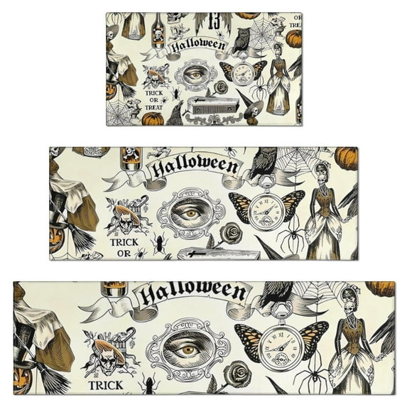 Beige Halloween Skull Pumpkin Pattern Kitchen Rugs Sets Of 3,Kitchen Runner Rugs Non Skid Washable,Decorative Kitchen Floor Mats for Kitchen,Sink,Laundry,17"x30"+ 17"x47" + 17"x59"
