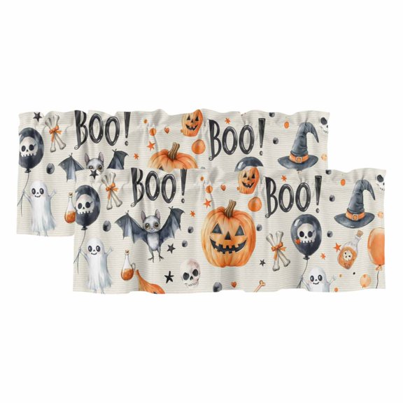 Beige Halloween Valances for Windows, Decorative Rod Pocket Window Valance Curtains, Scary Pumpkin Ghost Skull Balloon Short Curtain Drapes for Kitchen/Bathroom/Living Room, 2 Panels, 42" W x 18" L