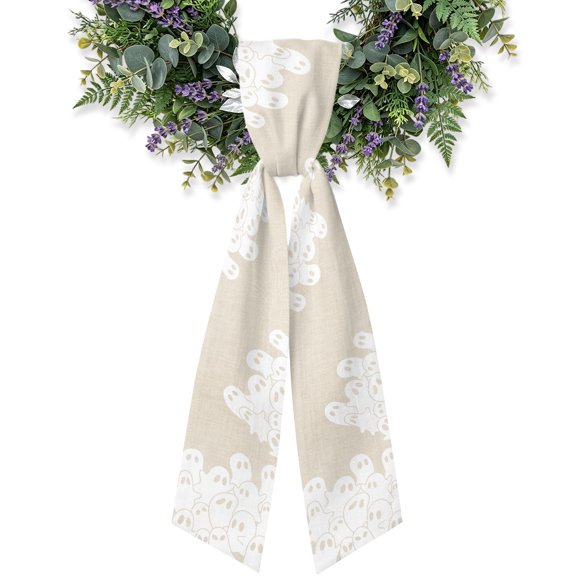 Beige Halloween Wreath Sash for Front Door, White Ghost Spooky Wreath Bow Holiday Garland Ribbon Wreath Accessories for Home Yard Porch Doorway Fall Christmas Decorations Gifts