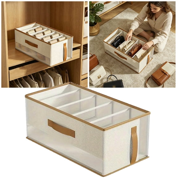 Beige Handbag Storage Organizer 18.7" Divided Closet Purse Container with Handle Foldable Non-Woven Wardrobe Bag Storage Box
