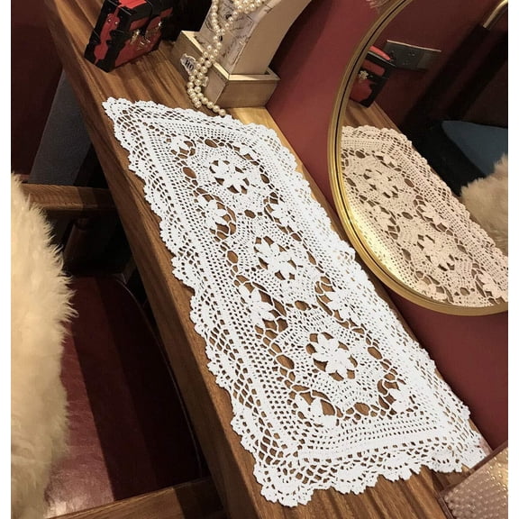 Beige Handmade Crochet Cotton Table Runner Lace Doilies Doily Rectangle Dresser Scarves