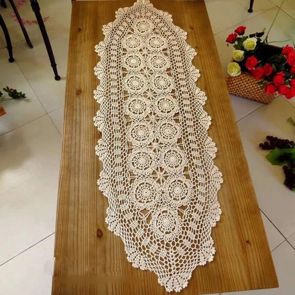 Beige Handmade Crochet Table Runner Rustic Farmhouse Lace Doily for Dresser TV Stand Coffee Table 16x35 Inch