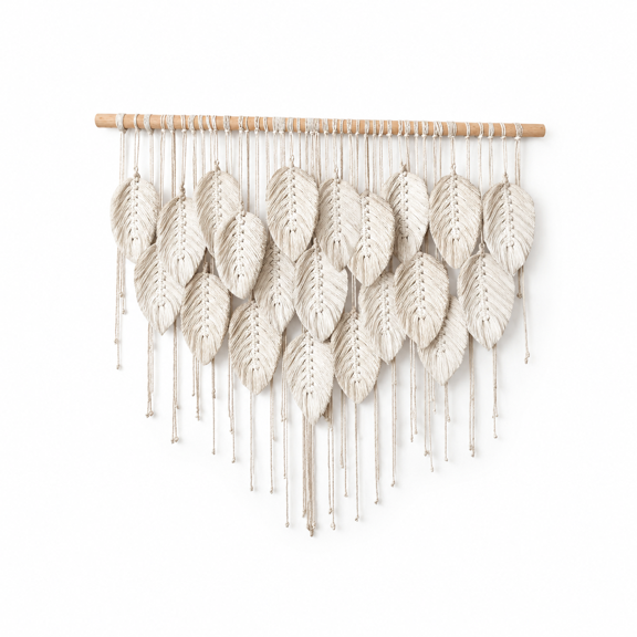 Beige Handmade Macrame Leaf Tapestry, 39" W x 28.3" L, Boho Wall Decor for Home