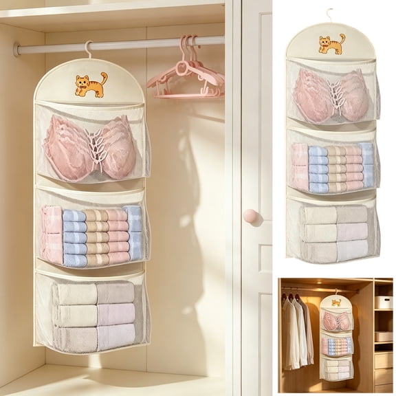 Beige Hanging Organizer, Breathable Mesh Panels, Attic Storage