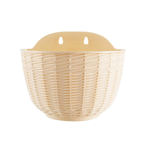 Beige Hanging Planter With Semi Circular Design And Rattan Texture Drainage Vents Included For Mounting On Walls Indoor Or Outdoor Greenery Display