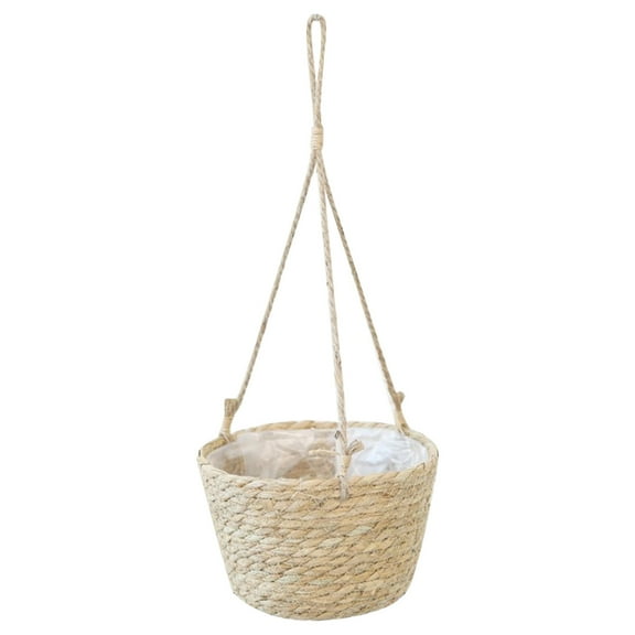Beige Hanging Rattan Basket Planter With Rope For Garden And Indoor Plants Decorative Wall Mounted Flower Pot Holder For Green Dill And Herbs