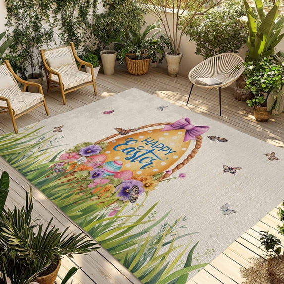 Beige Happy Easter Outdoor Rug for Patio/Deck/Porch, Non-Slip Large Area Rug 3 x 5 Ft, Spring Easter Eggs Floral Rustic Indoor Outdoor Rugs Washable Area Rugs, Reversible Camping Rug Carpet Runner