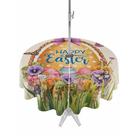 Beige Happy Easter Outdoor Tablecloth - 60 Inch Round Dining Table Cover, Spring Easter Eggs Floral Rustic Waterproof Outdoor Table Cloth with Umbrella Hole & Zipper for Picnic/Patio/Party
