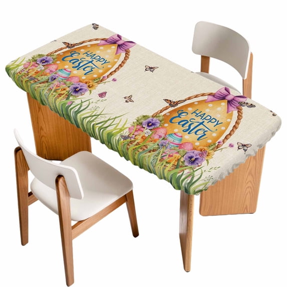 Beige Happy Easter Table Cloths for 4 Foot Rectangle Tables, Spring Easter Eggs Floral Rustic Patio Waterproof Elastic Fitted Tablecloths, Washable Rectangular Table Cover for Camping