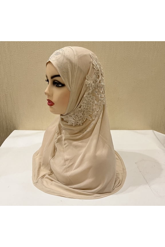 Beige Headband for Women Muslim Hijab Wrap Solid Color Lace Muslim Hijab Wrap Scarf Cap Head Cover