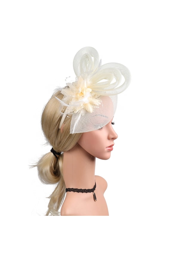 Beige Headband for Women's Elegant Hat Strap Flower Mesh Party Hat Hair Clip Headband Accessory