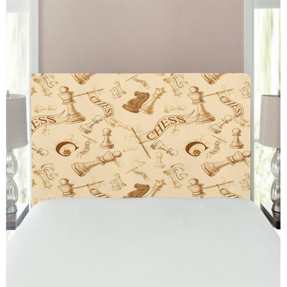 Beige Headboard, Various Sized Chess Game Pieces Players in Vintage Style Retro Background Urban Bohemian, Upholstered Decorative Metal Bed Headboard with Memory Foam, Twin Size, Beige, by Ambesonne