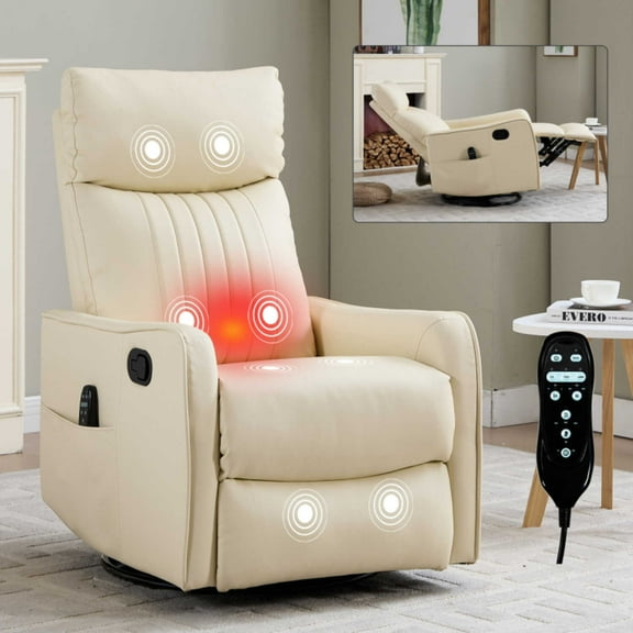 Beige Heat Massage Manual Recliner Chair with Rocker and Swivel in Faux Leather for Living Room