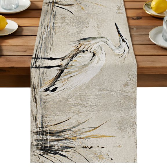 Beige Heron Table Runner, Coastal Wetland Reed Water Shoreline Rustic Washable Kitchen Table Runners Dress Scarves for Dining Table Decorations Party/Restaurant/Indoor Outdoor Use, 13x36in