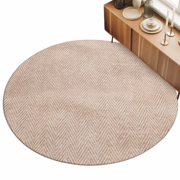 Beige Herringbone 3ft Non Slip Round Area Rug Modern Minimalist Woven Textured Washable Soft Area Rugs for Living Room, Indoor Circle Carpet for Bedroom Dining Room Kitchen