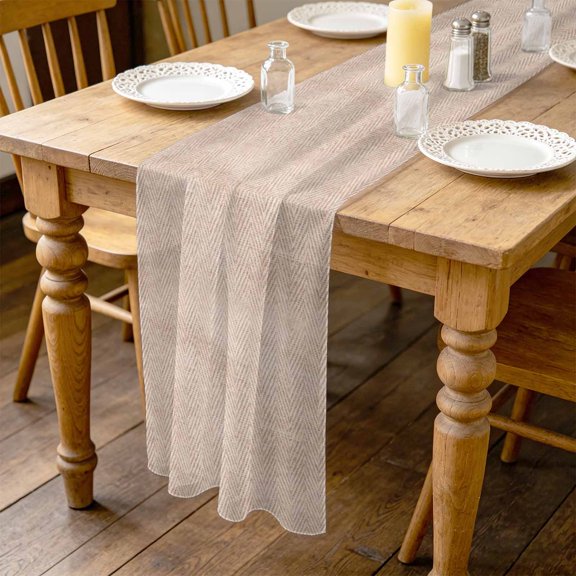Beige Herringbone 4.5ft Cheesecloth Table Runner for Wedding 19"x55", Modern Minimalist Woven Textured Kitchen Dinner Sheer Tulle Chiffon Dresser Scarf, Holiday Party Decorations