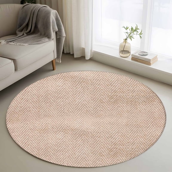 Beige Herringbone 4FT Round Area Rugs Modern Minimalist Woven Textured Soft Small Round Rug Non-Slip, Ultra-Thin Indoor Circle Carpet for Bedroom Entryway Kitchen Bathroom