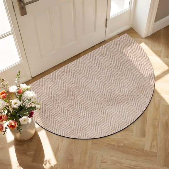 Beige Herringbone Half Circle Door Mat Front Door Mat, Modern Minimalist Woven Textured Non Slip Washable Doormats Entrance Rugs Absorbent Welcome Low Profile Floor Mats for Indoor, 16" x 24"