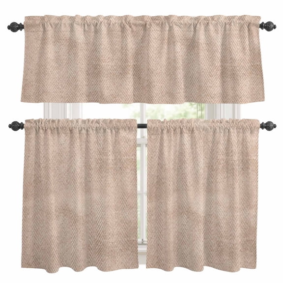 Beige Herringbone Kitchen Curtains Set for Windows, Modern Minimalist Woven Textured Curtains Valance and Tier 3 Piece Set Small Drapes 24 Inch Length for Kitchen Bedroom Decor