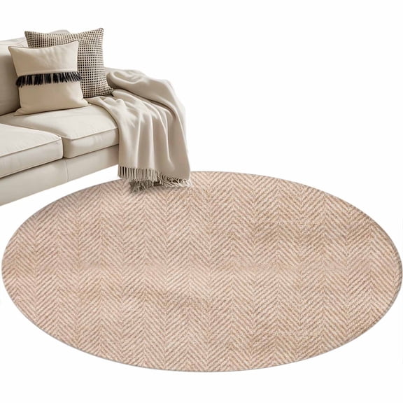 Beige Herringbone Round Area Rugs 3 ft, Modern Minimalist Woven Textured Washable Small Area Rug with Non-Slip Sturdy Edge Binding Round Front Door Mat Floor Carpet for Entryway