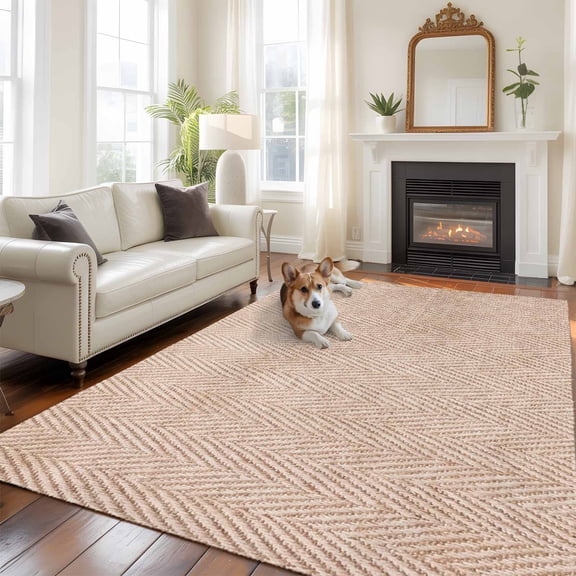Beige Herringbone Washable Area Rug 8x10 Modern Minimalist Woven Textured Low-Profile Large Area Rugs with Non Slip Backing Indoor Floor Carpet for Entrance Living Room Bedroom Home Office