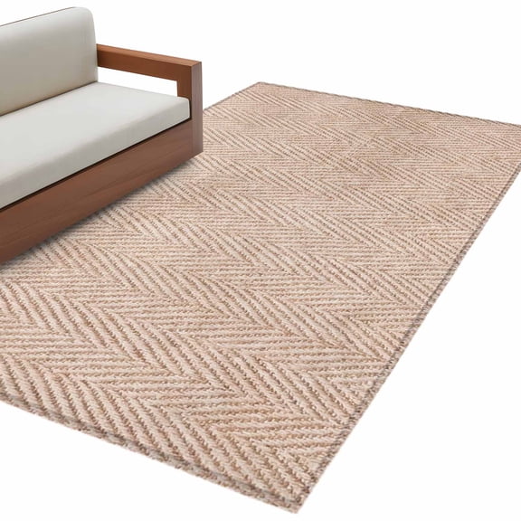 Beige Herringbone Washable Area Rugs 3'x5', Modern Minimalist Woven Textured Low Pile Throw Living Room Rug Non-Slip Sturdy Edge Binding Carpet for Indoor Entryway Bedside Kitchen