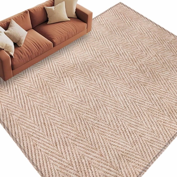 Beige Herringbone Washable Living Room Rugs 5'x8', Modern Minimalist Woven Textured Low Pile Throw Large Area Rug Non-Slip Sturdy Edge Binding Carpet for Living Room Kitchen Office