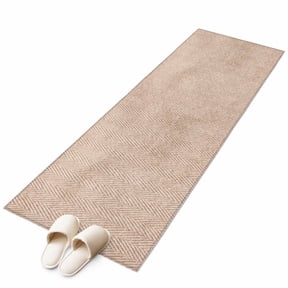 Beige Herringbone Washable Runner Rugs 2'x6', Modern Minimalist Woven Textured Low Pile Throw Entryway Rug Non-Slip Sturdy Edge Binding Carpet for Indoor Bedside Entrance Bedside