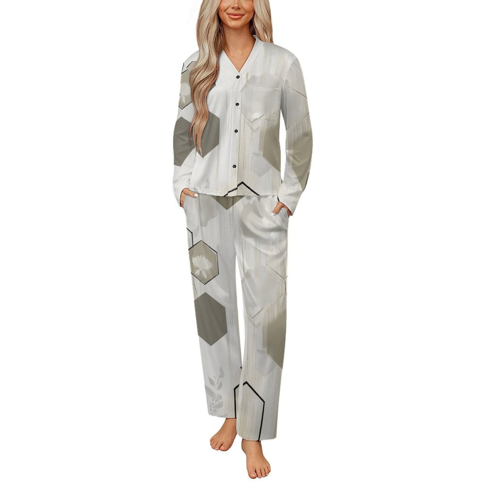 Beige Hexagons Floral Design Wallpaper Womens Pyjamas Set Button Up ...
